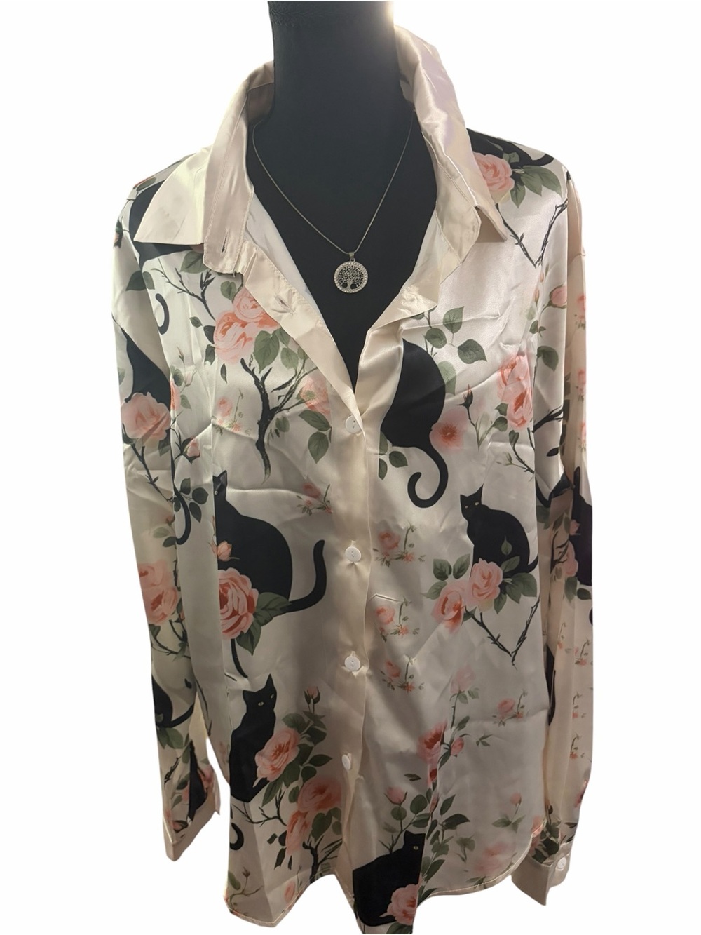 Black Cat & Floral Satin Button-Up Blouse Women's XL